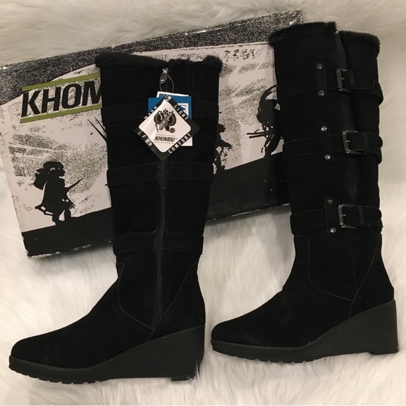 KOHMBU | Greenwich Style Black Leather Suede Tall Wedge Boots - Picture 3 of 14